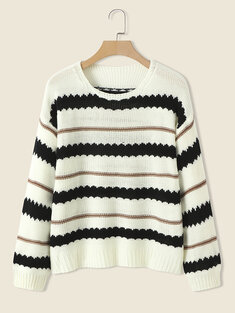 Stripe Knit Loose Long Sleeve Casual Crew Neck Sweater