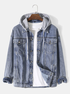 Denim Solid Button Hooded Jackets