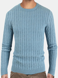 Solid Crew Neck Twist Knitted Sweater-10373
