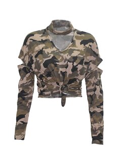 Camouflage Bandage V-neck Hollow Long Sleeve Women T-shirt-3350