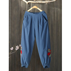 Floral Embroidery Elastic Waist Pants
