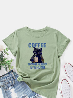 Cartoon Cat Letters Print T-shirt-3319