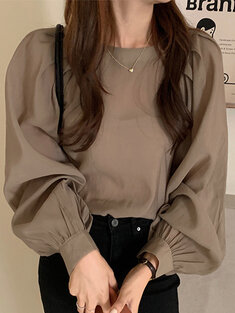 Solid Puff Sleeve Pleated Blouse-103