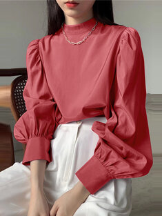 Solid Stand Collar Button Blouse