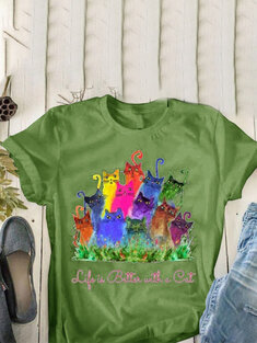 Colorful Cartoon Cat Print T-shirt-3276