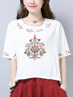 Floral Embroidery Loose Tribal T-shirt-3150