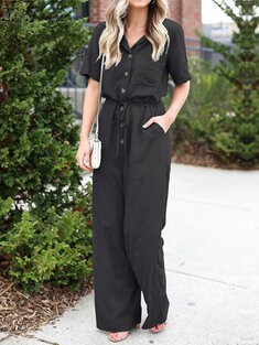 Solid Color Lapel Collar Button Short Sleeve Jumpsuit With Pocket
