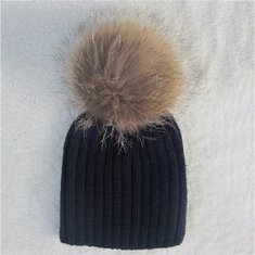 Children Warm Winter Wool Knit Beanie Raccoon Fur Pom Bobble Hat Crochet Ski Cap-136852