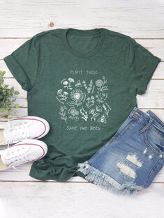 Casual Floral Letter Printed T-Shirt-3245