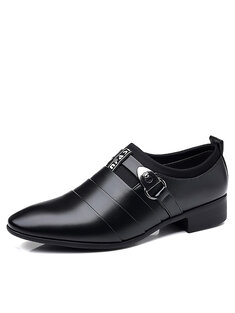 Men Metal Buckle Pointed Toe Slip On Business Casual Dress Shoes