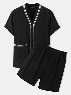 Striped Lining Double Pocket Pajamas Sets-10457