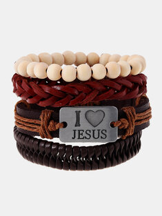Religious I Love Jesus Bracelet Cowhide Multilayer Wristband White Wood Bead Bracelet for Men