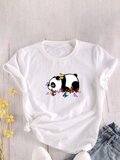 Panda Butterflies Print O-neck T-Shirt-3122