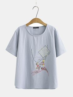 Vintage Embroidery O-neck T-shirt-3288