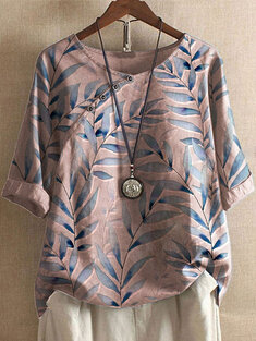Leaves O-neck Button T-shirt-3311