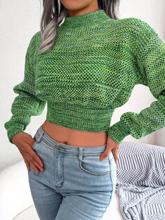 Women Marled Knit Half-collar Long Sleeve Crop Sweater