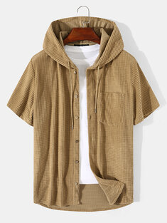 Mens Corduroy Solid Color Basic Short Sleeve Hooded Shirts