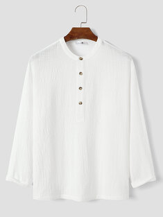 Mens Plain Color Half Collar Buttons Designed Long Sleeve T-Shirts