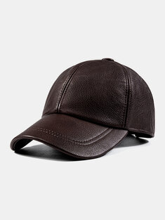 Men Cow Leather Solid Color Autumn Winter Warmth Cold Protection Driving Hat Baseball Cap-144416