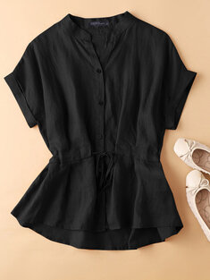 Solid Button Drawstring V Neck Roll Sleeve Casual Cotton Blouse-138611