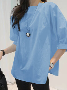 Solid Color Crew Neck 3/4 Length Sleeve Casual Blouse-138610