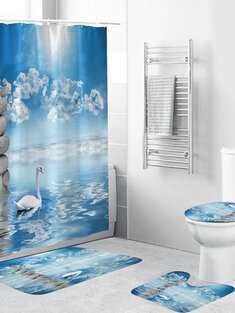 4Pcs Shower Curtain Waterproof Home Bathroom Bath Mat Set Rug Toilet Lid Cover !