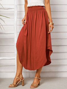 Solid Shirred Elastic Waist Skirt-720
