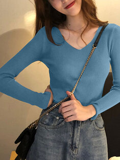 Women Solid V-neck Long Sleeve Knit Casual Sweater