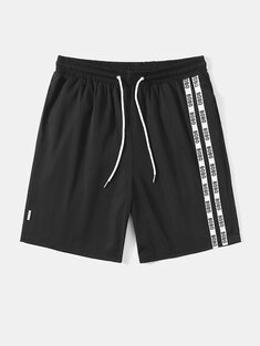 Men Letter Side Striped Drawstring Quick Dry Board Shorts