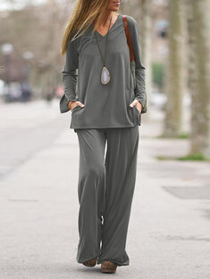 Solid Pocket Loose Long Sleeve V-neck Two Pieces Suit