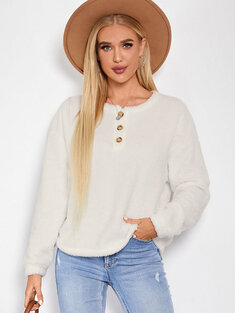 Solid Color Teddy Front Button O-neck Casual Long Sleeve Sweatshirt
