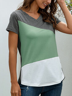 Contrast Color V-neck T-shirt-3301