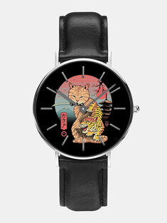3 ألوان PU أشابة الرجال العصرية الكرتون المحارب القط طباعة يتصل Watch مزين مؤشر الكوارتز Watch-19044