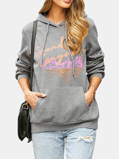Women Letter Print Long Sleeve Casual Hoodie With Pocket
