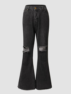 Ripped Pocket Flare Leg Denim Jeans-1016