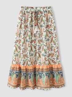 Paisley Print Drawstring Button Slit Bohemian Women Skirt-141785
