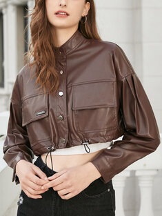 Solid PU Leather Crop Jacket