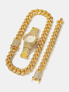 طقم رجالي 1/3 قطعة Watch هيب هوب سلسلة ذهبية اللون مجوهرات رجالية مرصعة بأحجار الراين-18581