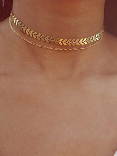 Fashion Chocker Necklace Gold Double Deck Fishbone Paillette Chain Necklace Jewelry for Women