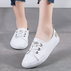 Flowers Decor Soft Lace Up Front White Flat Shoes for Women