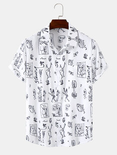 Mens Abstract Figure Print Pocket Short Sleeve Buttons Shirts