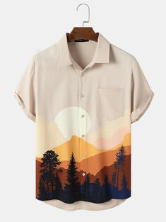 Mens Sunset Landscape Print Button Up Short Sleeve Shirts