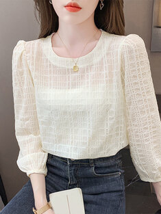 Solid Textured Crew Neck Blouse
