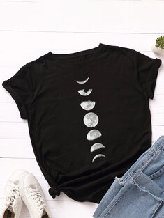 Moon Print Short Sleeve O-neck T-Shirt-64
