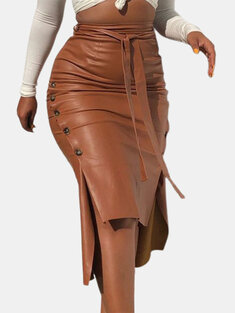 Knotted PU Leather Slit Skirt-858
