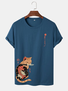 قمصان رجالي بأكمام قصيرة مطبوعة على شكل قطة وسمك يابانية-142902