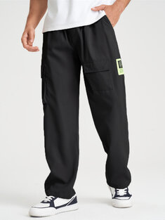 Mens Pure Color Flap Pocket Applique Loose Straight Cargo Pants-142774