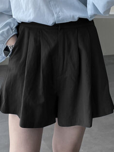 Women Solid Pleated Pocket Casual Wide Leg Shorts