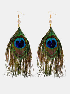 Retro Women Earrings Peacock Green Feather Earrings-144709