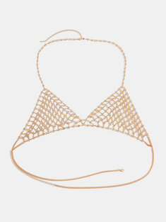 JASSY Sexy Mesh Hollow Out Rhinestone Beach Bikini Bra Top Lingerie Chain Body Jewelry